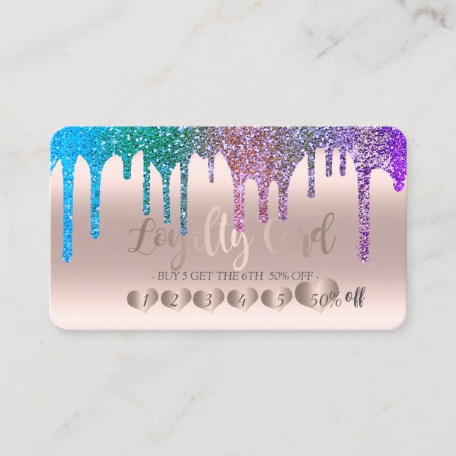 Moderne schicke Rose Gold Herz Rainbow Glitzer Tro Treuekarte (Vorderseite)