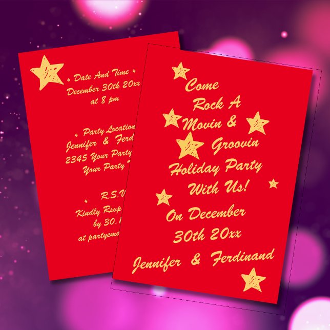 Moderne, schicke Rote und Gold Stars Groovy Feierl Einladung (Modern Chic Red & Gold Stars Groovy Holiday Party Invitation)