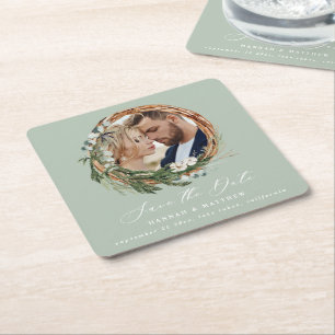 Moderne, schicke Schrift-Kranz-Foto Hochzeit Rechteckiger Pappuntersetzer