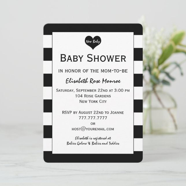 Moderne schicke Schwarz & Weiß Babydusche Einladung (Stehend Vorderseite)