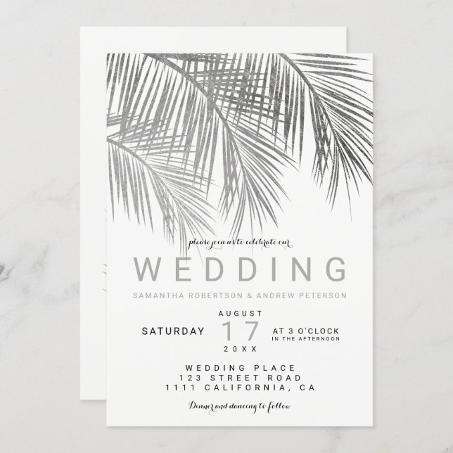 Moderne schicke silberne Palme elegante Hochzeit Einladung (Vorne/Hinten)