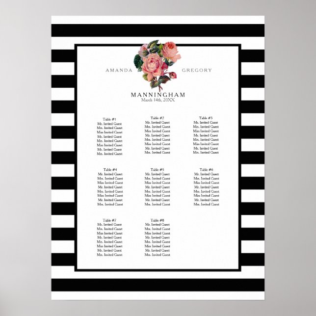 MODERNE, schicke Streifen mit Rose Hochzeitssitze Poster (Vorne)
