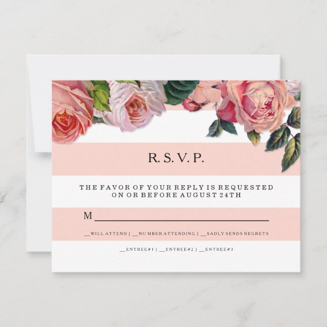 MODERNE, schicke Streifen mit Rose, Hochzeitsszena RSVP Karte (Vorderseite)