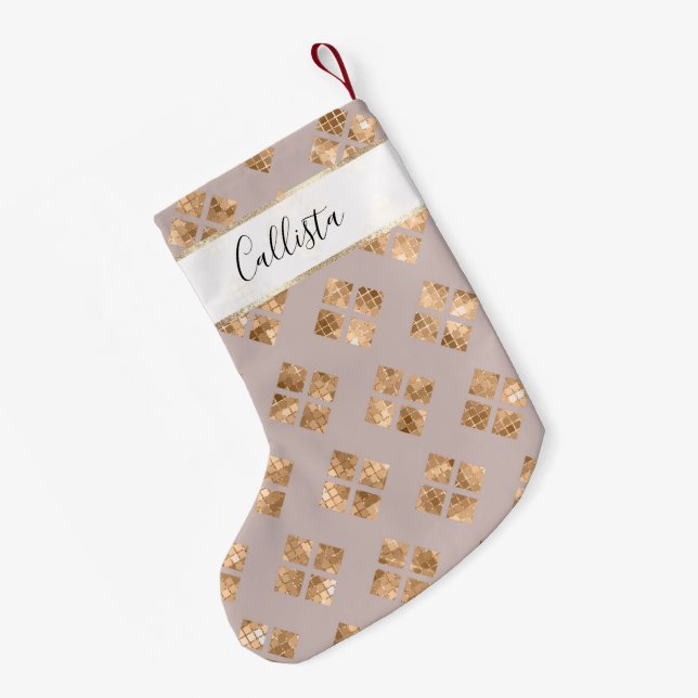Moderne schicke Taupe Gold Sequin Geometrische Qua Kleiner Weihnachtsstrumpf (Rückseite (Hängend))