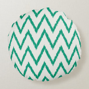 Moderne, schicke, texturierte grüne Ikat-Chevron-M Rundes Kissen