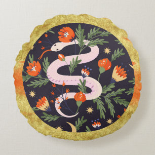 Moderne Schlangenfarbige Schlange Floral Rundes Kissen