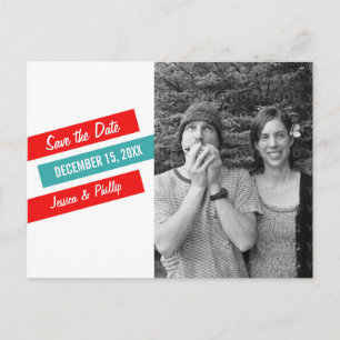 Moderne schlanke Save the Date Postkarte (rot/Aqua