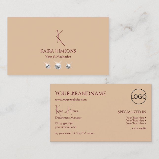 Moderne Schlichte Beige mit Monogram Logo und Juwe Visitenkarte (Vorne/Hinten)