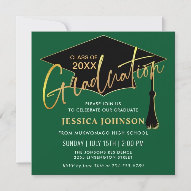 Moderne schlichte Golden Green Graduation Party Einladung (Vorderseite)