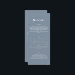 Moderne, schlichte Hochzeitsschrift in dunkelblaue Menükarte<br><div class="desc">Modernes,  schlichtes,  natürliches Dusty blaues Hochzeitsmenü. Modernes,  sauberes Design. Skripttext.</div>