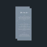Moderne, schlichte Hochzeitsschrift in dunkelblaue Menükarte<br><div class="desc">Modernes,  schlichtes,  natürliches Dusty blaues Hochzeitsmenü. Modernes,  sauberes Design. Skripttext.</div>