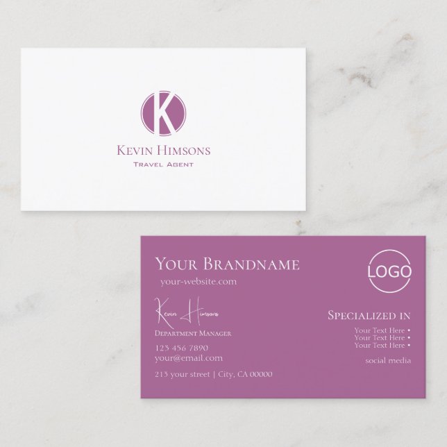 Moderne Schlichte weiße Lilac mit Monogramm und Lo Visitenkarte (Vorne/Hinten)