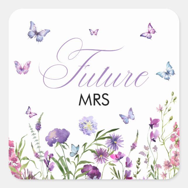 Moderne Schmetterlinge floral Lila Future Mrs. Quadratischer Aufkleber (Vorderseite)