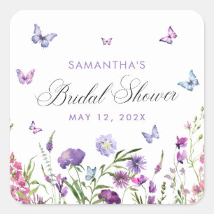 Moderne Schmetterlinge Florale Violette Babyparty  Quadratischer Aufkleber