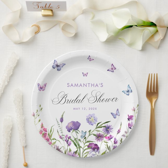 Moderne Schmetterlinge florales Lila Brautparty Pappteller (Hochzeit)