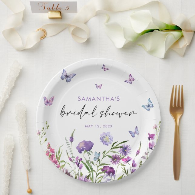 Moderne Schmetterlinge florales Lila Brautparty Pappteller (Hochzeit)