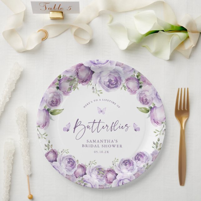 Moderne Schmetterlinge Lila florales Brautparty Pappteller (Hochzeit)