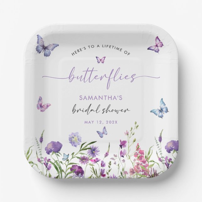 Moderne Schmetterlinge Lila florales Brautparty Pappteller (Vorderseite)