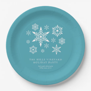 Moderne Schneeflocken auf Blue Christmas Holiday P Pappteller