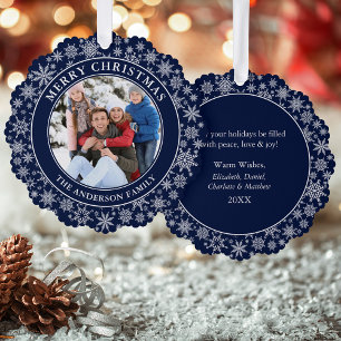 Moderne Schneeflocken Blau Frohe Weihnachten Foto Ornament Karte