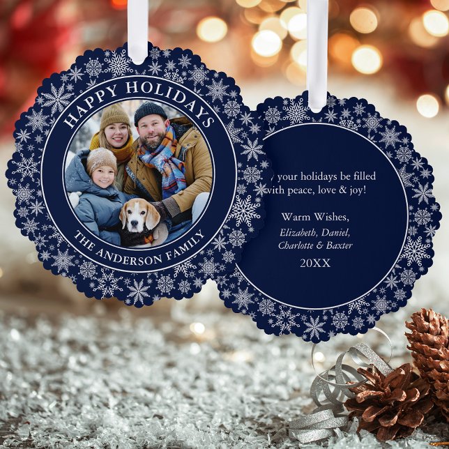 Moderne Schneeflocken Blauer Happy Holidays Foto Ornament Karte (A greeting card that is also an ornament! Customize with your photo and personalized text.)