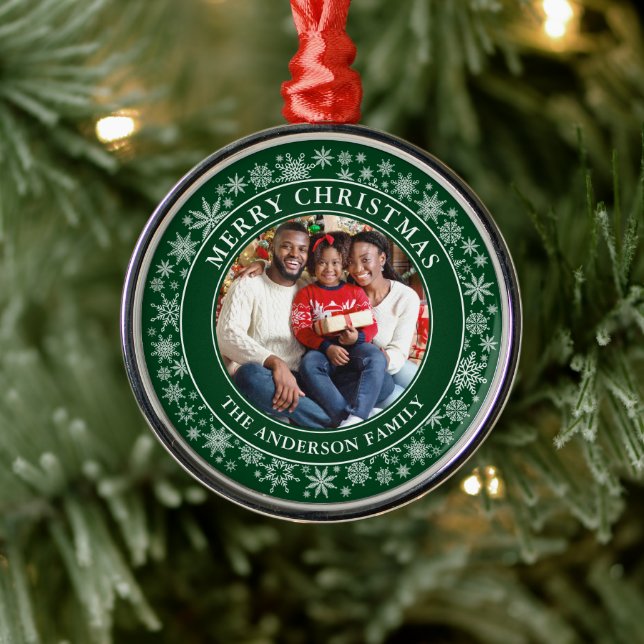 Moderne Schneeflocken Foto Frohe Weihnachten Grün Ornament Aus Metall (Baum)