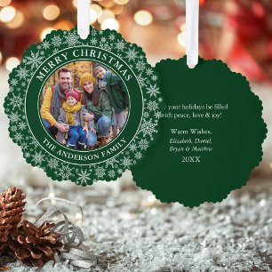 Moderne Schneeflocken Foto Frohe Weihnachten Grün Ornament Karte