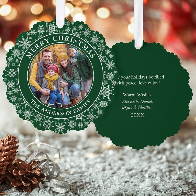 Moderne Schneeflocken Foto Frohe Weihnachten Grün Ornament Karte (A greeting card that is also an ornament! Customize with your photo and personalized text.)