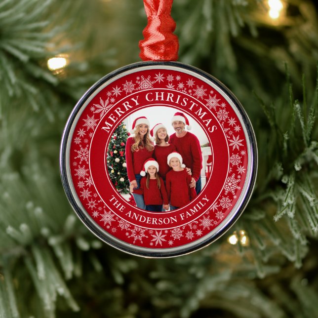 Moderne Schneeflocken Foto Frohe Weihnachten Rot Ornament Aus Metall (Baum)