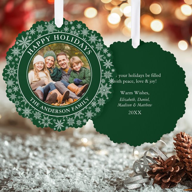 Moderne Schneeflocken Foto Happy Holidays Green Ornament Karte (A greeting card that is also an ornament! Customize with your photo and personalized text.)