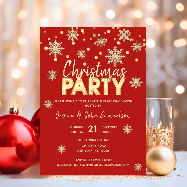 Moderne Schneeflocken Gold Red CHRISTMAS PARTY Einladung (Modern Snowflakes Gold Red CHRISTMAS PARTY Invitation)