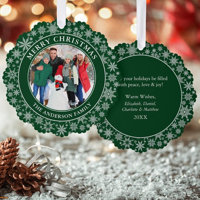 Moderne Schneeflocken Grün Frohe Weihnachten Foto Ornament Karte (A greeting card that is also an ornament! Customize with your photo and personalized text.)