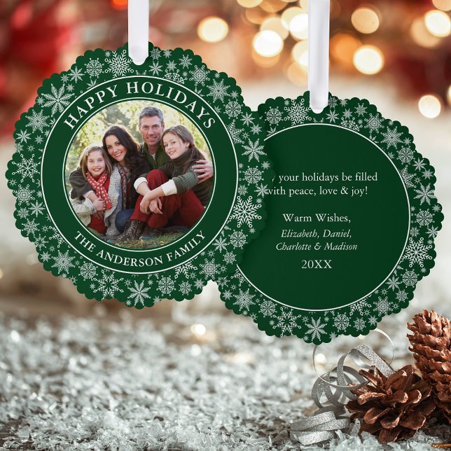 Moderne Schneeflocken Grünes Happy Holidays Foto Ornament Karte (A greeting card that is also an ornament! Customize with your photo and personalized text.)