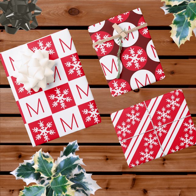 Moderne Schneeflocken, rot und weiß, Monogramm hin Geschenkpapier Set (Von Creator hochgeladen)