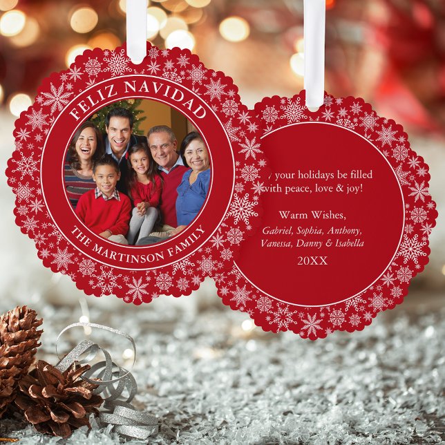 Moderne Schneeflocken Rotes Feliz Navidad Foto Ornament Karte (A greeting card that is also an ornament! Customize with your photo and personalized text.)