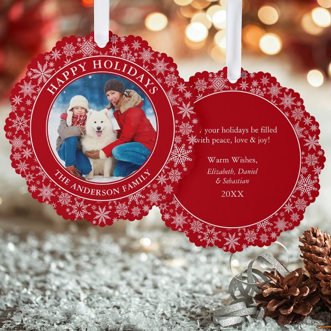 Moderne Schneeflocken Rotes Happy Holidays Foto Ornament Karte (A greeting card that is also an ornament! Customize with your photo and personalized text.)
