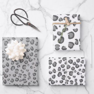 Moderne Schneeleopard Schwarz-weiße Tierdruckerei Geschenkpapier Set