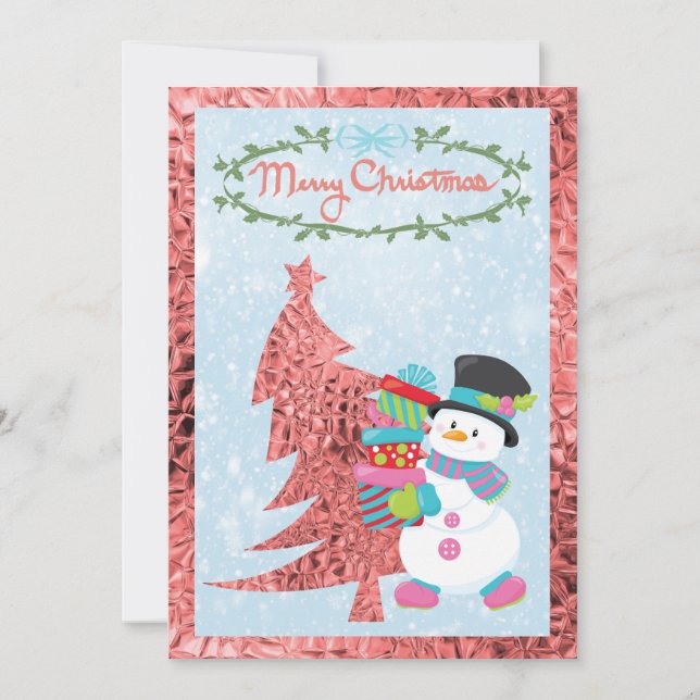 Moderne Schneemann- und rosa Metallic Tree Flat Ca (Vorderseite)