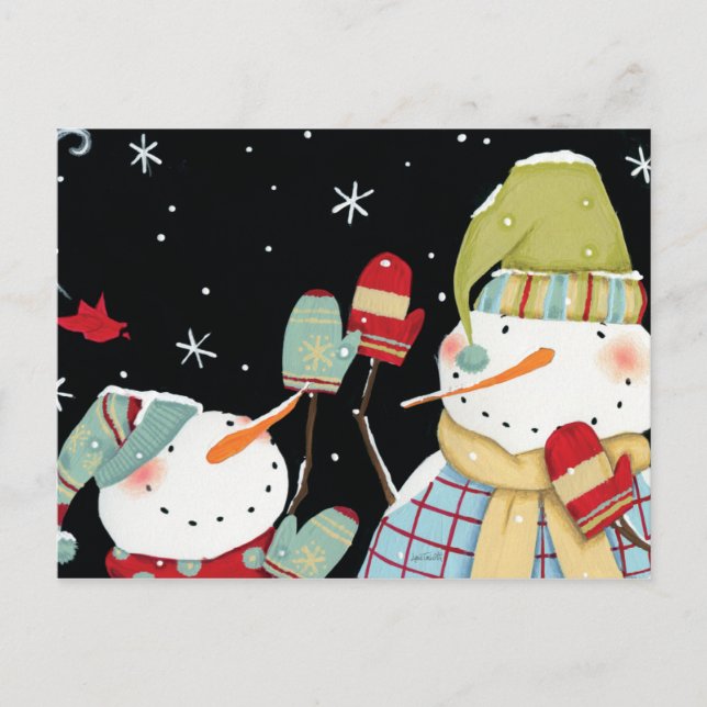 Moderne Schneemänner mit Mitten Postkarte (Vorderseite)