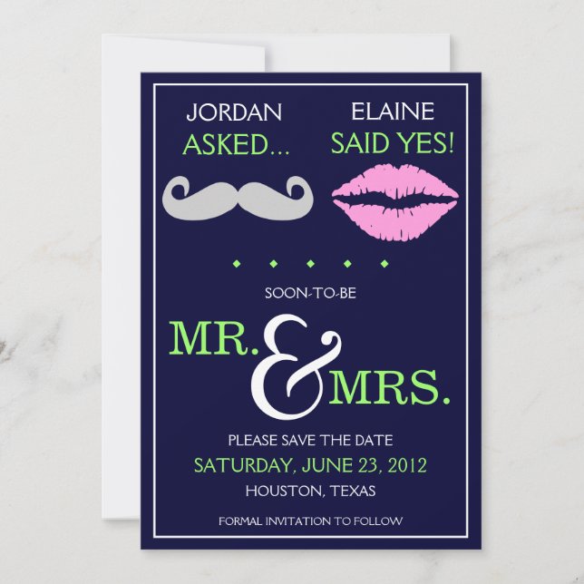 Moderne Schnurrbart-Lippen Mr. & Mrs. Save the Dat Date (Vorderseite)