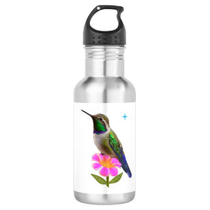 Moderne schöne Kolibri mit Blume auf Weiß Edelstahlflasche