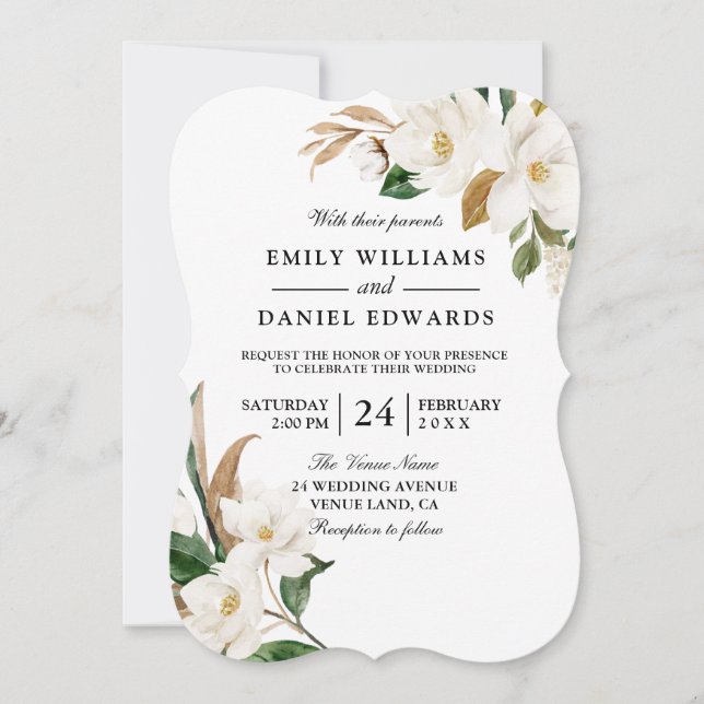 Moderne schöne weiße Blumenhochzeit Einladung (Vorderseite)