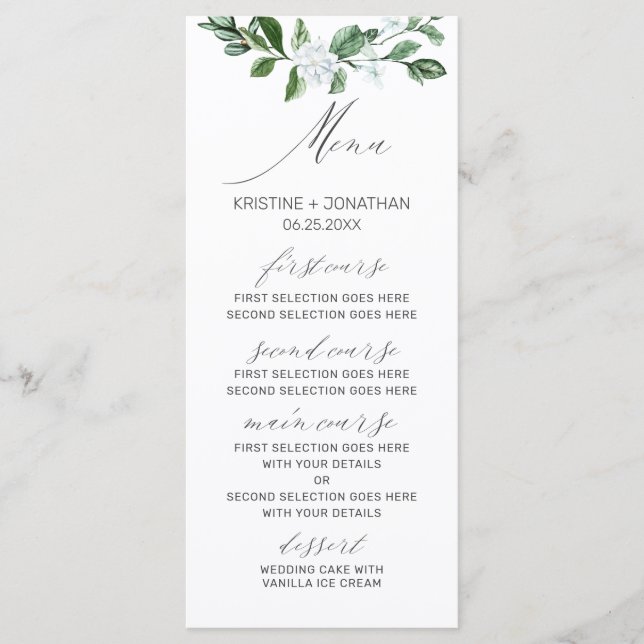Moderne Schönheitsgrün Weiße Blumenhochzeit Menükarte (Vorderseite)
