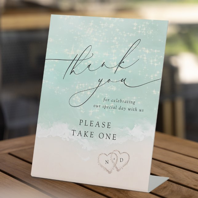 Moderne Schreibgeräte für Sandstrände Sockelschild (Modern Script Sand Hearts Beach Signature Drinks Pedestal Sign)