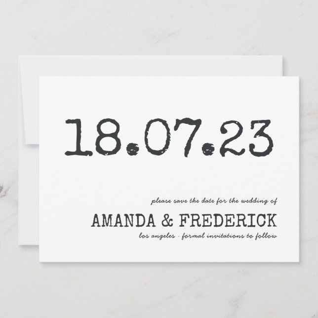 Moderne SchreibmaschinenTypografie-Hochzeit rettet Save The Date (Vorderseite)