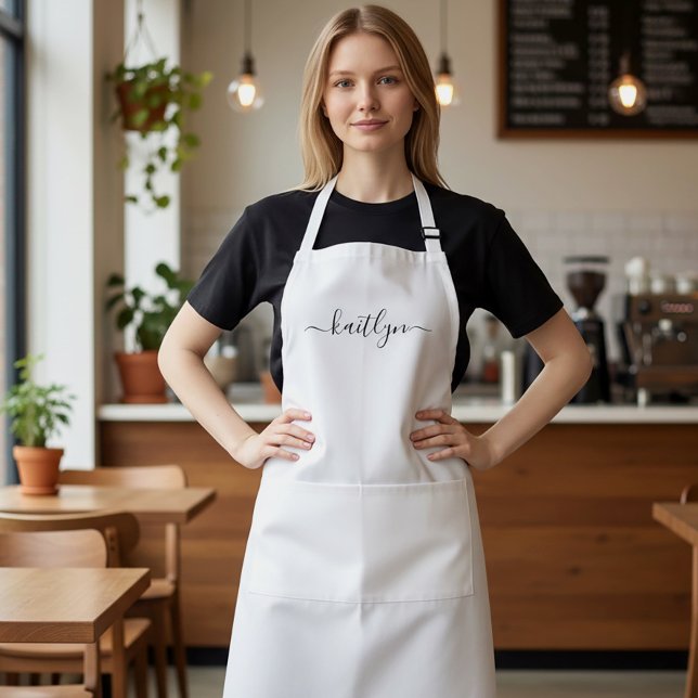 Moderne Schreibnamensgabe für ihr Personalisiertes Schürze (Custom name script white apron.)