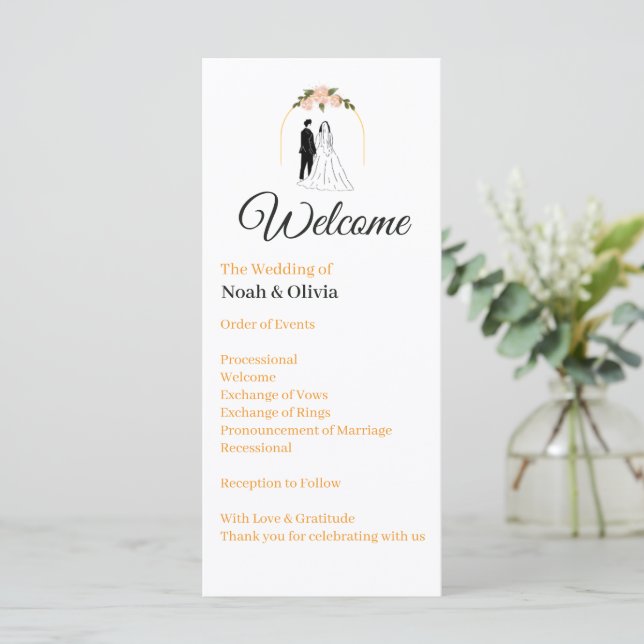 Moderne Schreibschrift-Hochzeitsprogrammkarte (Stehend Vorderseite)