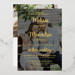 Moderne Schrift 2 Fotos schwarz mit Online-RSVP Go Folieneinladung