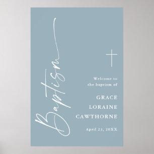 Moderne Schrift Dusty Blue Jungen Taufe Willkommen Poster