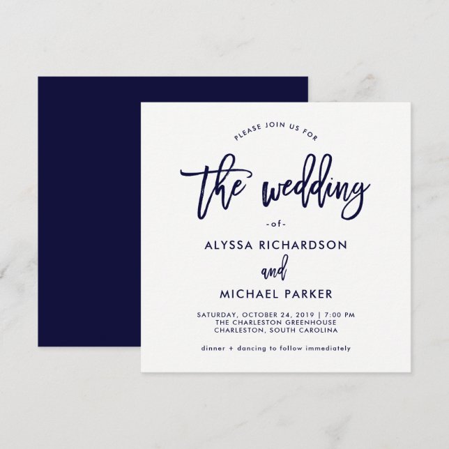 Moderne Schrift | Einladung zur Hochzeit von Navy  (Vorne/Hinten)